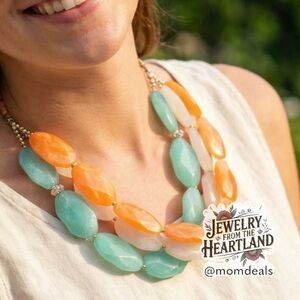 Three Acrylic Beaded Chunky Statement Necklace White Teal & Coral